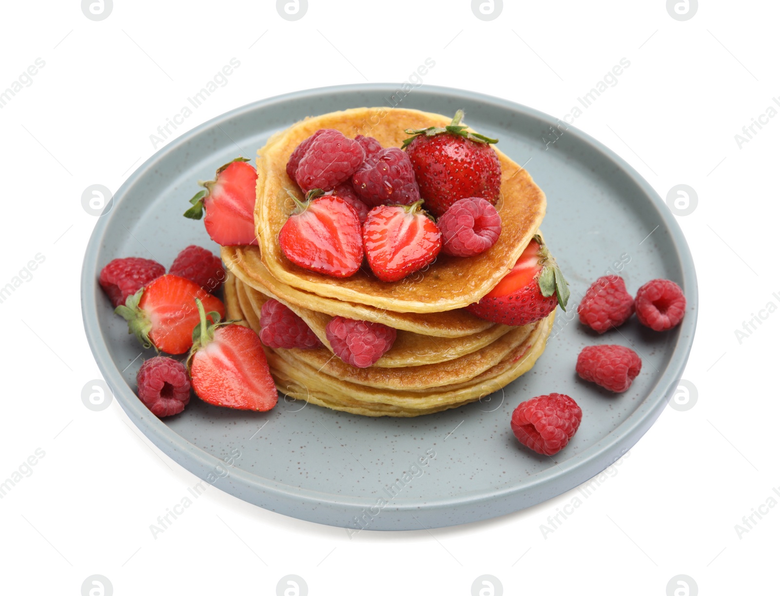 Photo of Tasty pancakes with fresh berries on white background