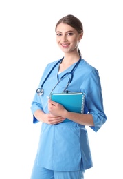 Young medical student with notebooks on white background