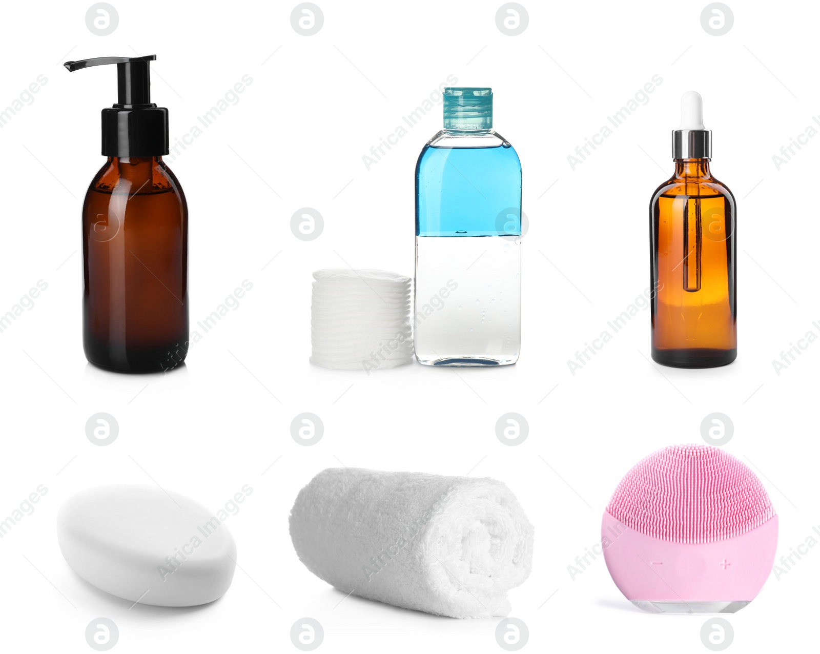 Image of Set with cosmetic products and tools for cleansing on white background