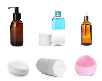 Image of Set with cosmetic products and tools for cleansing on white background