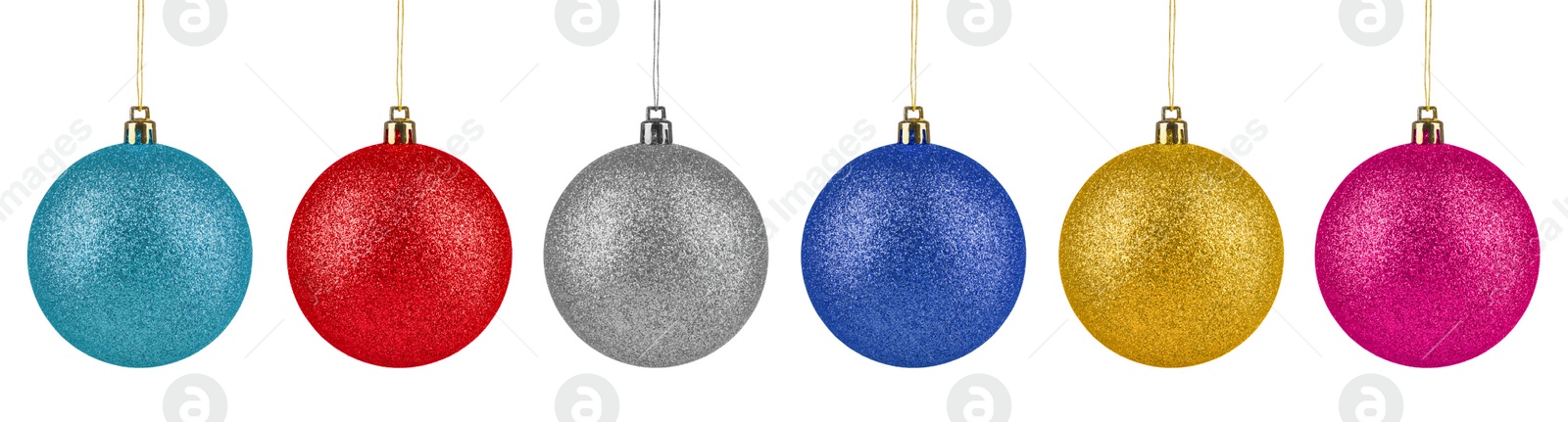 Image of Bright Christmas ball hanging on white background, collection