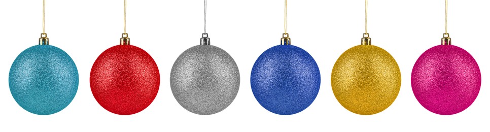 Image of Bright Christmas ball hanging on white background, collection