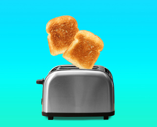 Image of Slices of grilled wheat bread flying out of toaster on color background 
