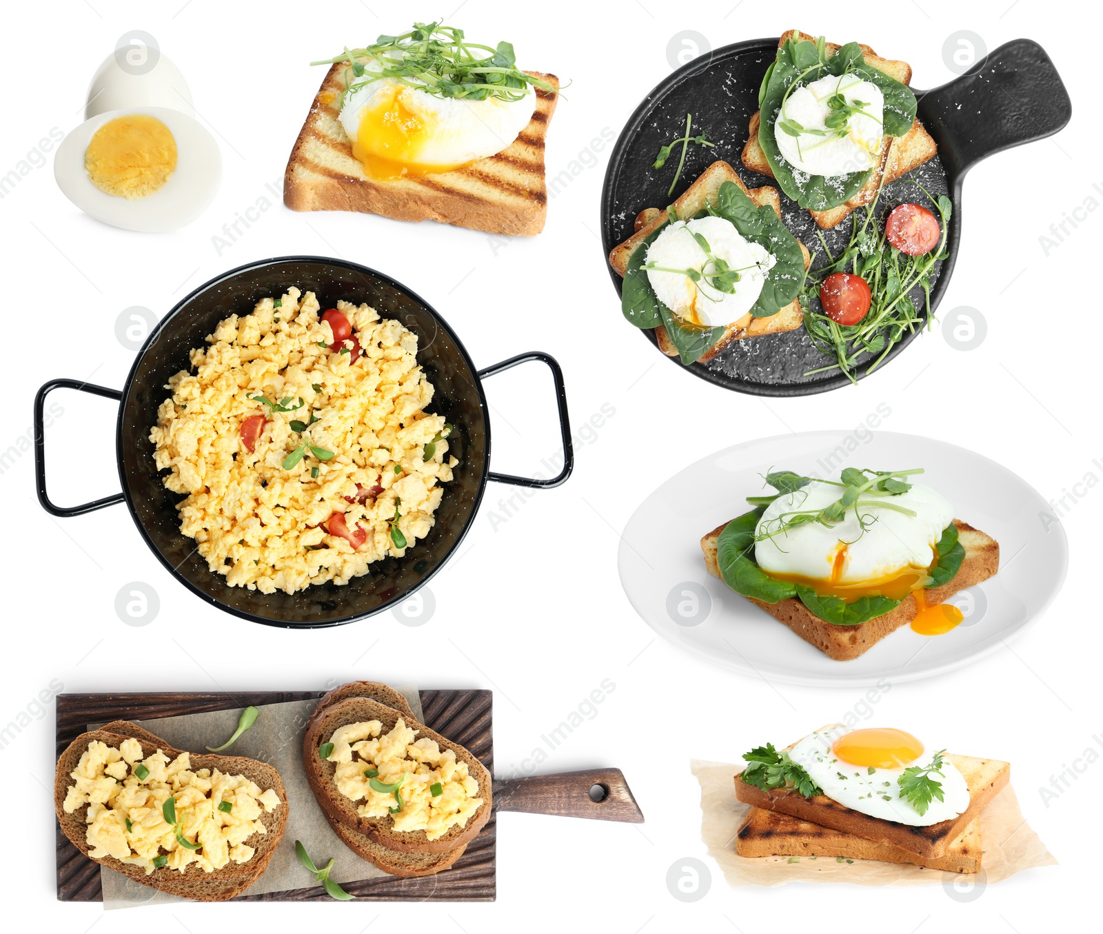 Image of Set of different egg dishes on white background