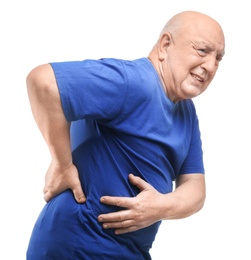 Photo of Senior man suffering from pain in back on white background