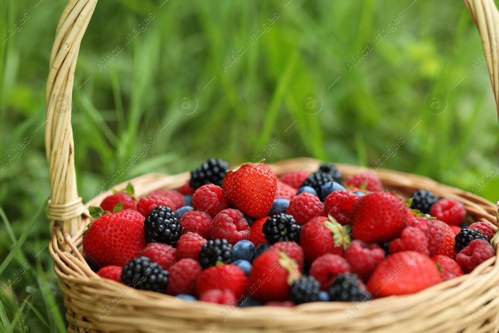 Photo of Wicker basket with different fresh ripe berries outdoors, closeup