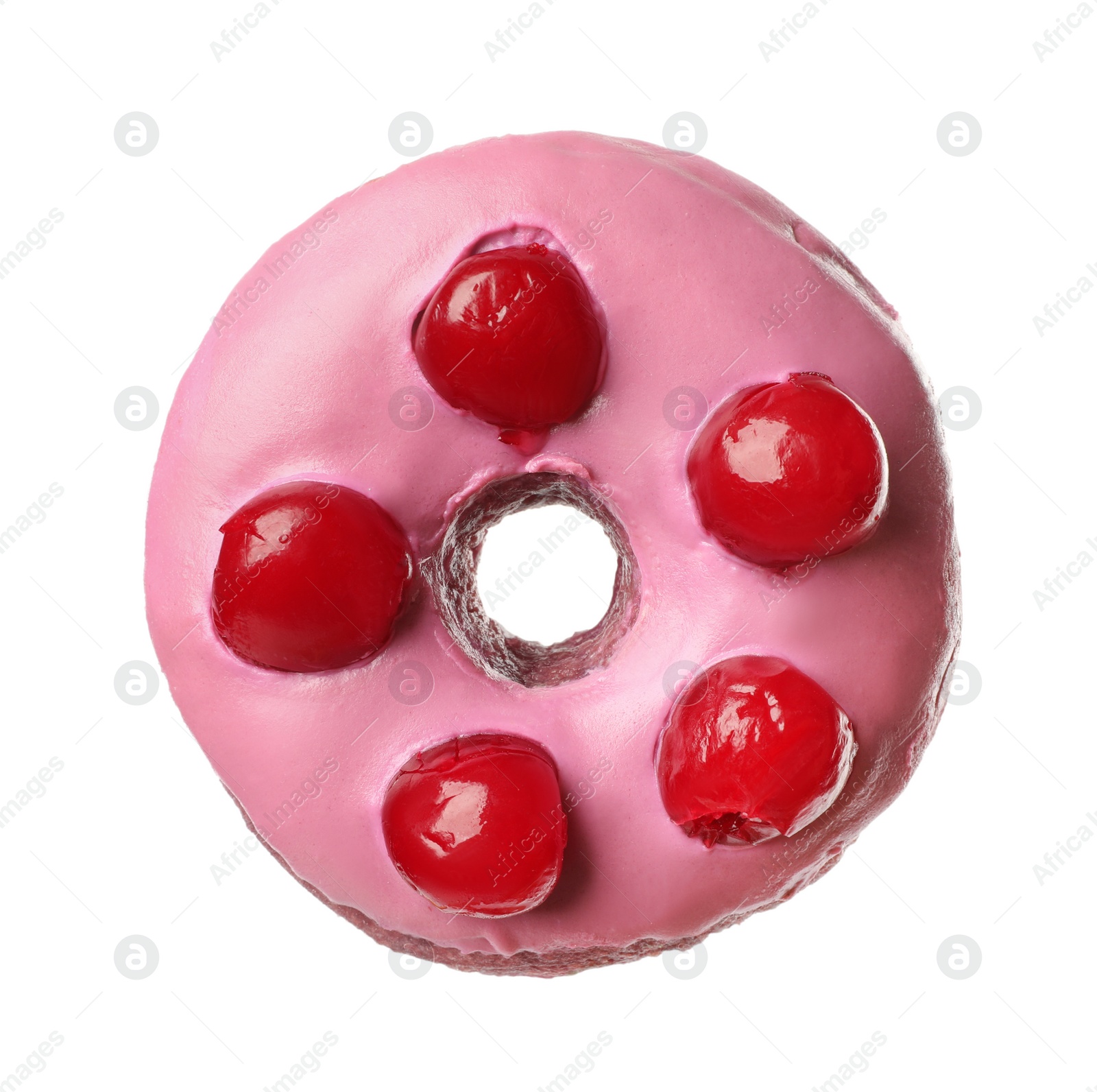 Photo of Sweet tasty glazed donut decorated with berries isolated on white