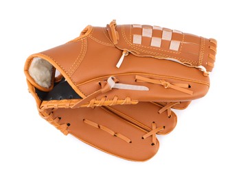 Photo of Brown baseball glove isolated on white, top view. Sports equipment