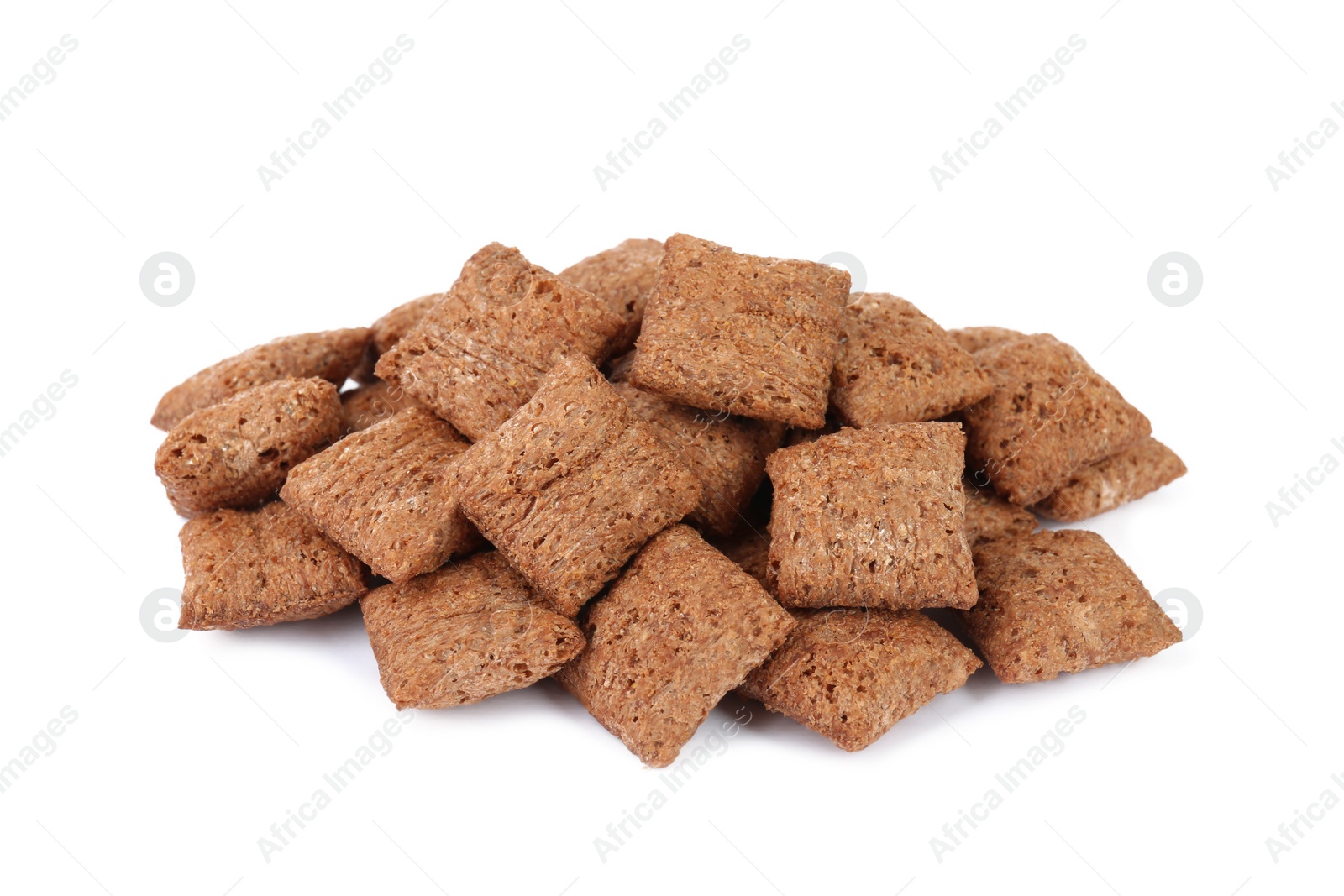 Photo of Heap of sweet crispy corn pads on white background. Breakfast cereal