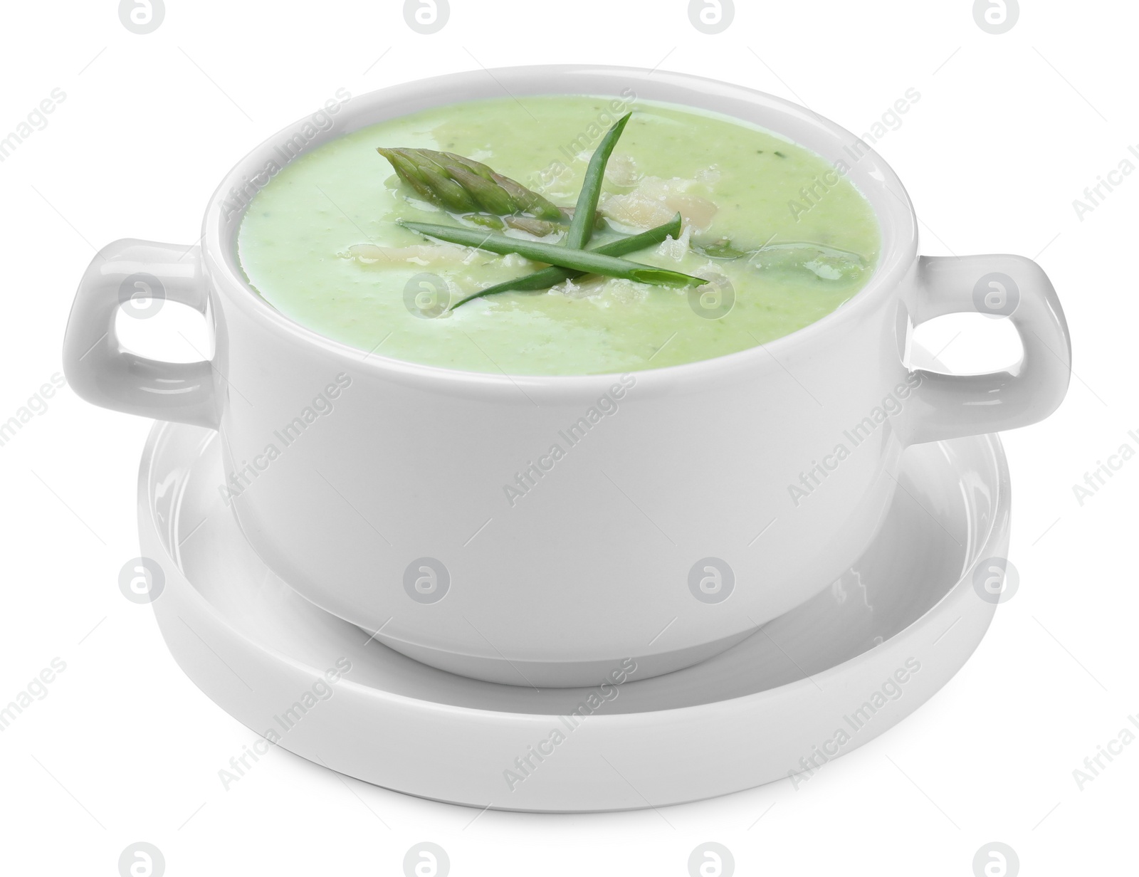 Photo of Delicious asparagus soup with green onion on white background