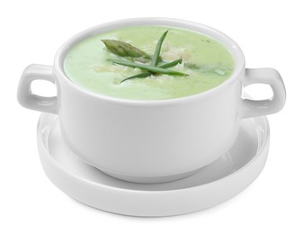 Delicious asparagus soup with green onion on white background