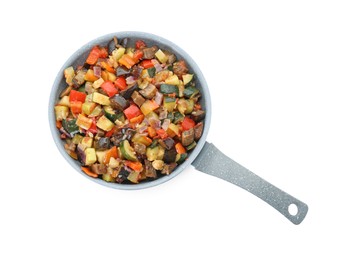 Photo of Delicious ratatouille in frying pan isolated on white, top view
