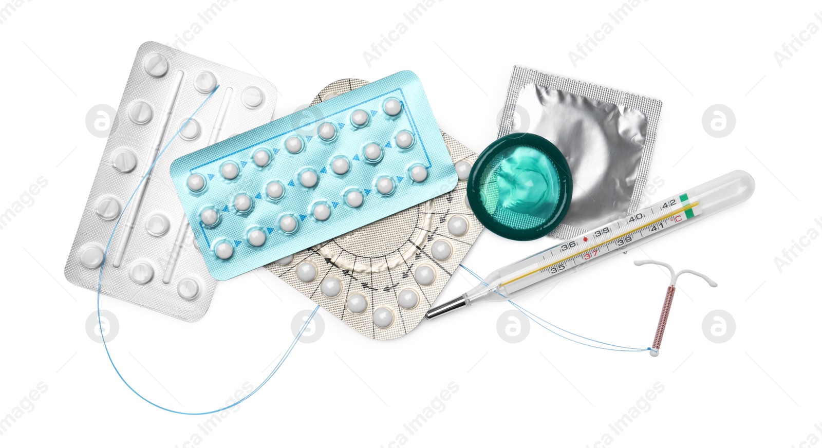 Photo of Contraceptive pills, condoms, intrauterine device and thermometer isolated on white, top view. Different birth control methods