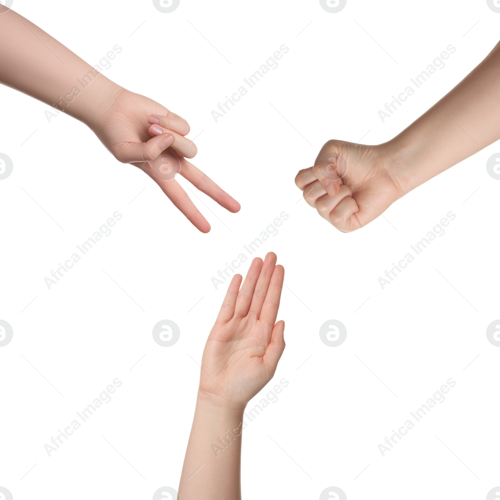 Image of People playing rock, paper and scissors on white background, top view