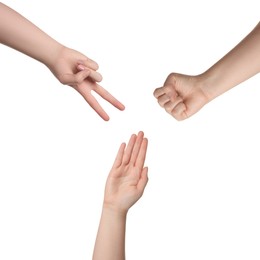 Image of People playing rock, paper and scissors on white background, top view