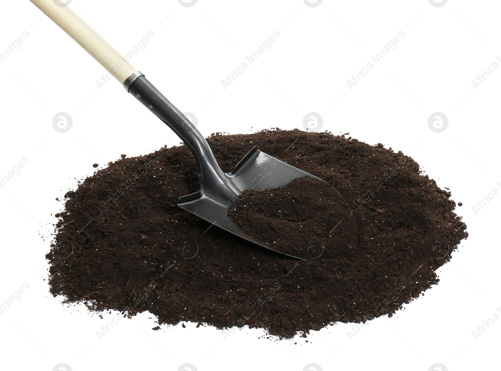 Shovel and pile of soil isolated on white Photo of Shovel and pile of soil isolated on white