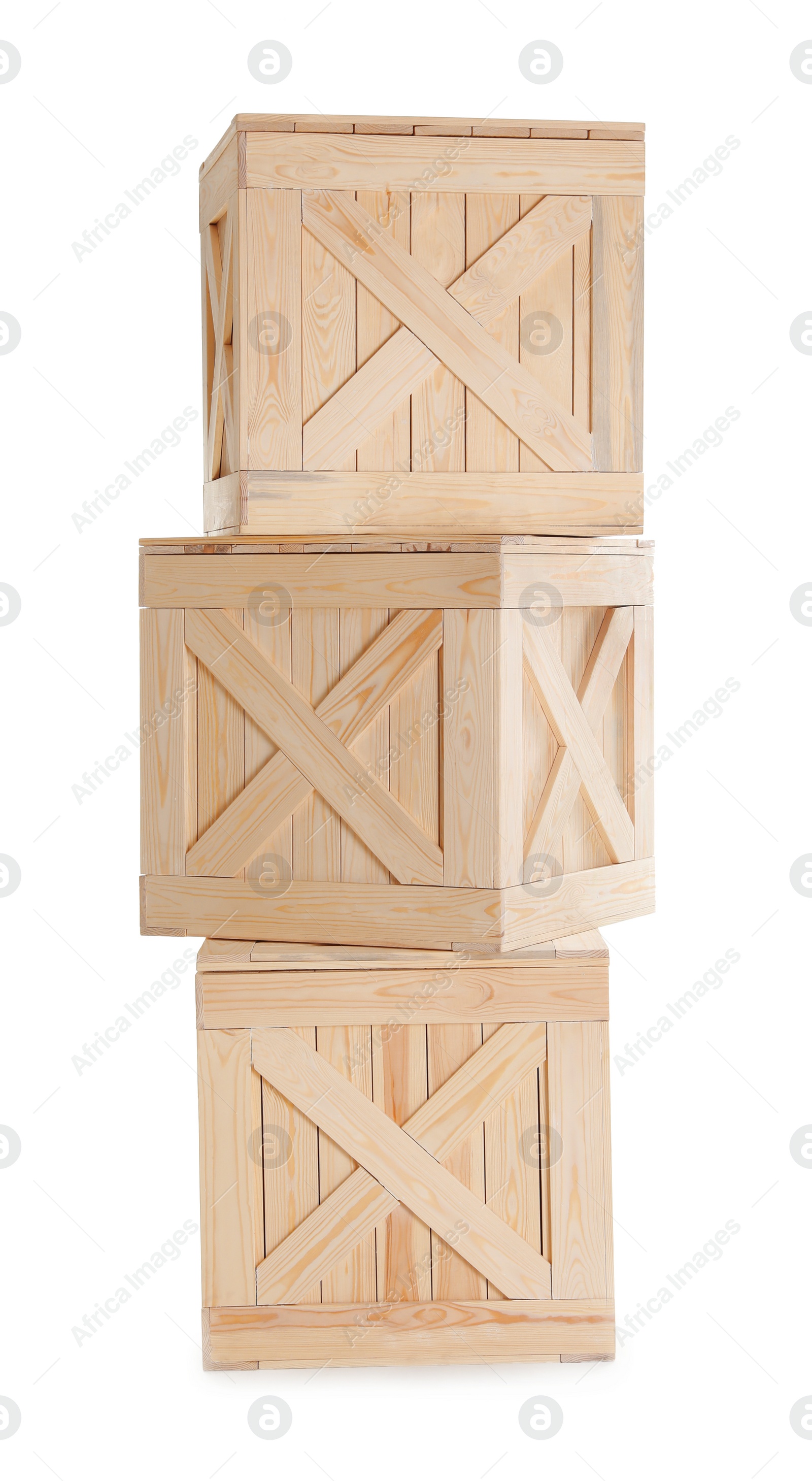 Photo of Group of wooden crates isolated on white