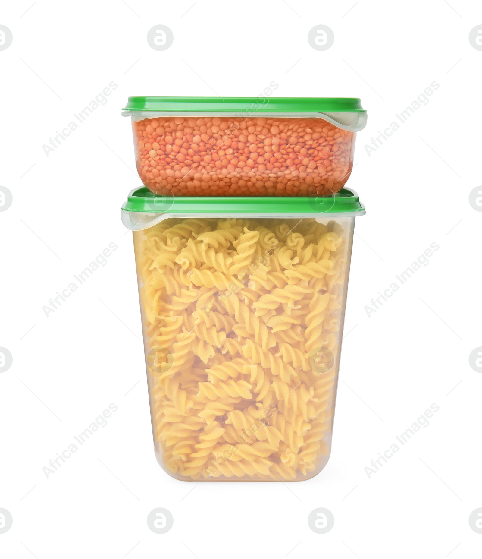 Photo of Plastic containers filled with food products isolated on white