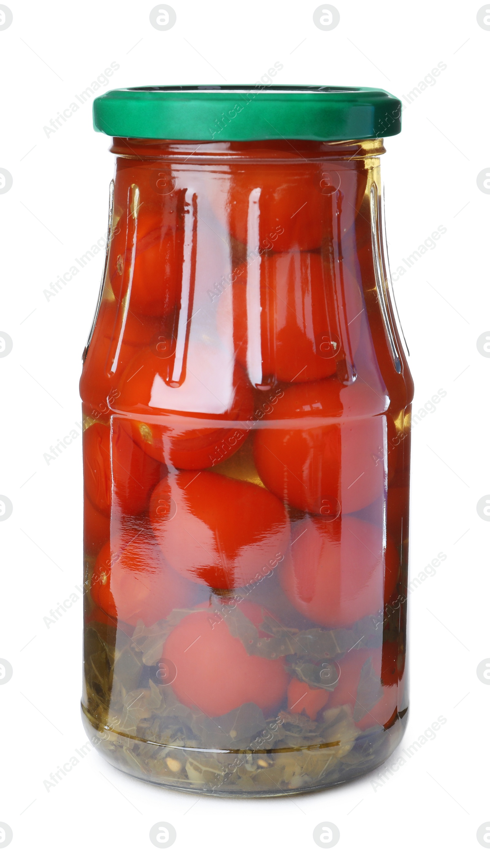 Photo of Glass jar with pickled tomatoes isolated on white