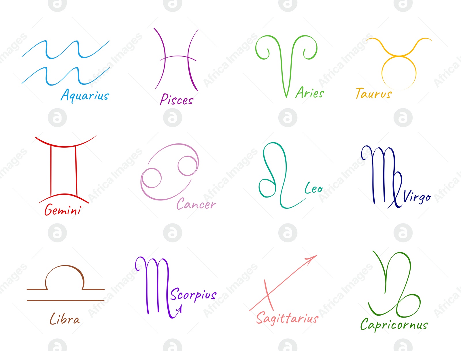 Image of Set with 12 zodiac signs on white background, illustration