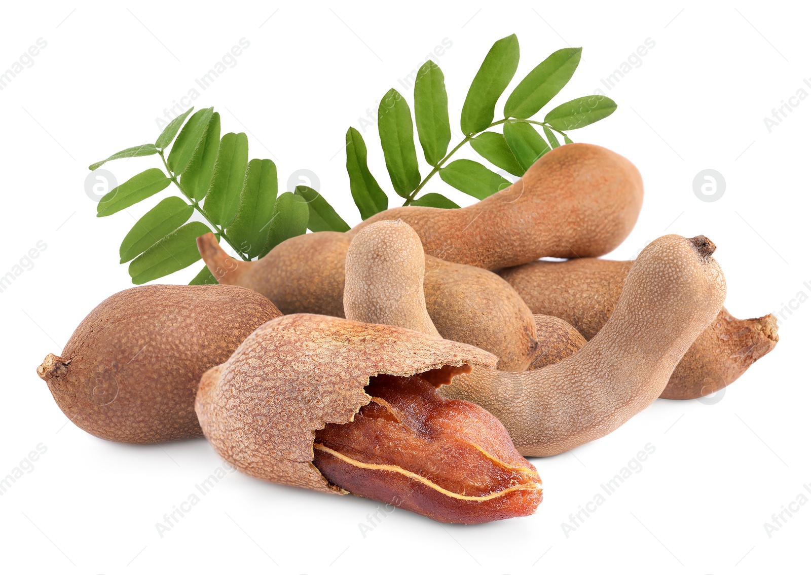 Image of Delicious ripe tamarinds on white background. Exotic fruit