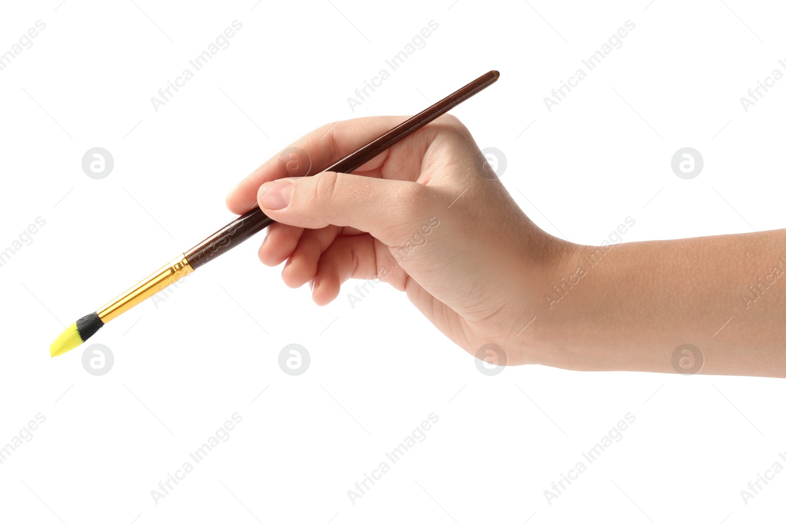 Photo of Young woman holding brush with color paint on white background, closeup