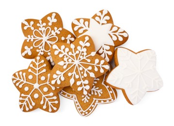 Tasty star shaped Christmas cookies with icing isolated on white, top view