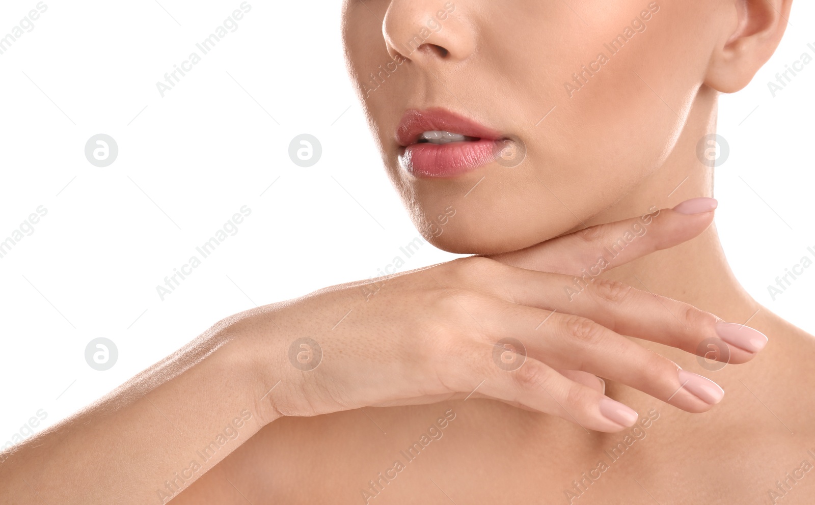 Photo of Young woman with perfect smooth skin on white background, closeup. Beauty and body care