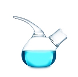 Retort flask with blue liquid on table against white background. Laboratory analysis