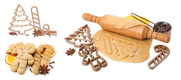 Image of Set with different tasty cookies, cutters and spices on white background. Banner design