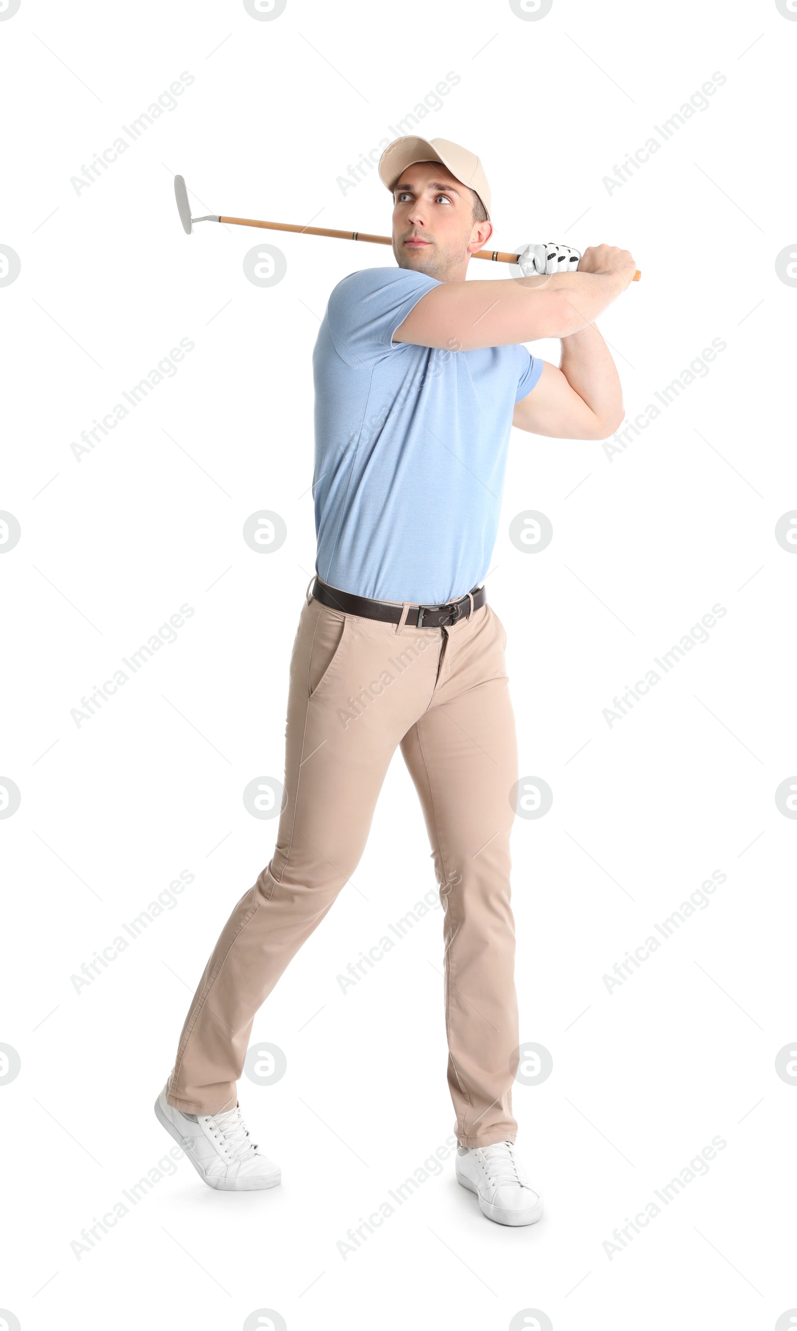 Photo of Young man playing golf on white background