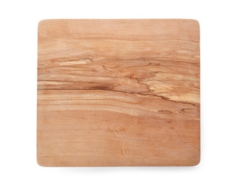 Wooden board on white background, top view. Kitchen accessory