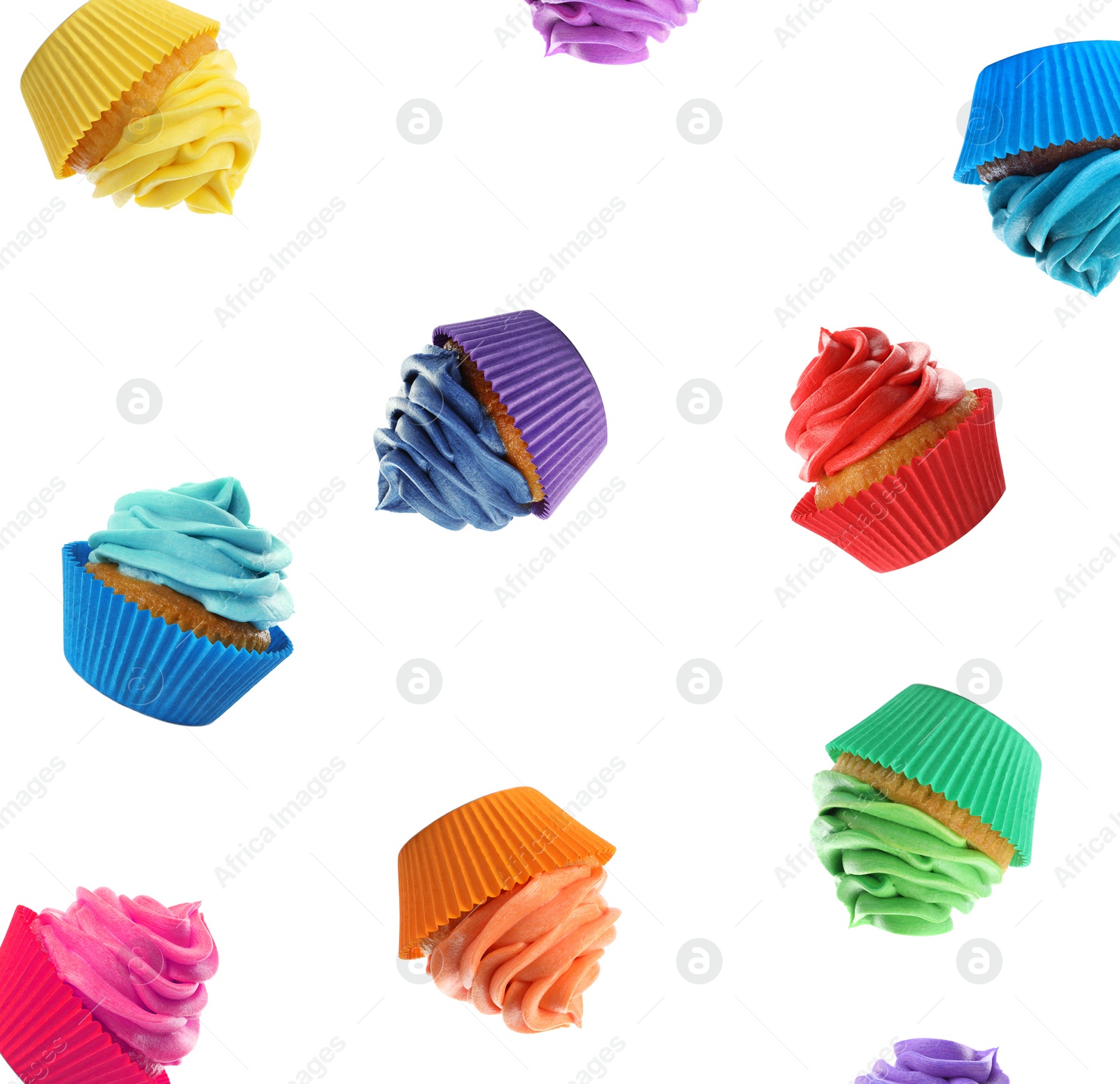 Image of Set of falling delicious birthday cupcakes on white background