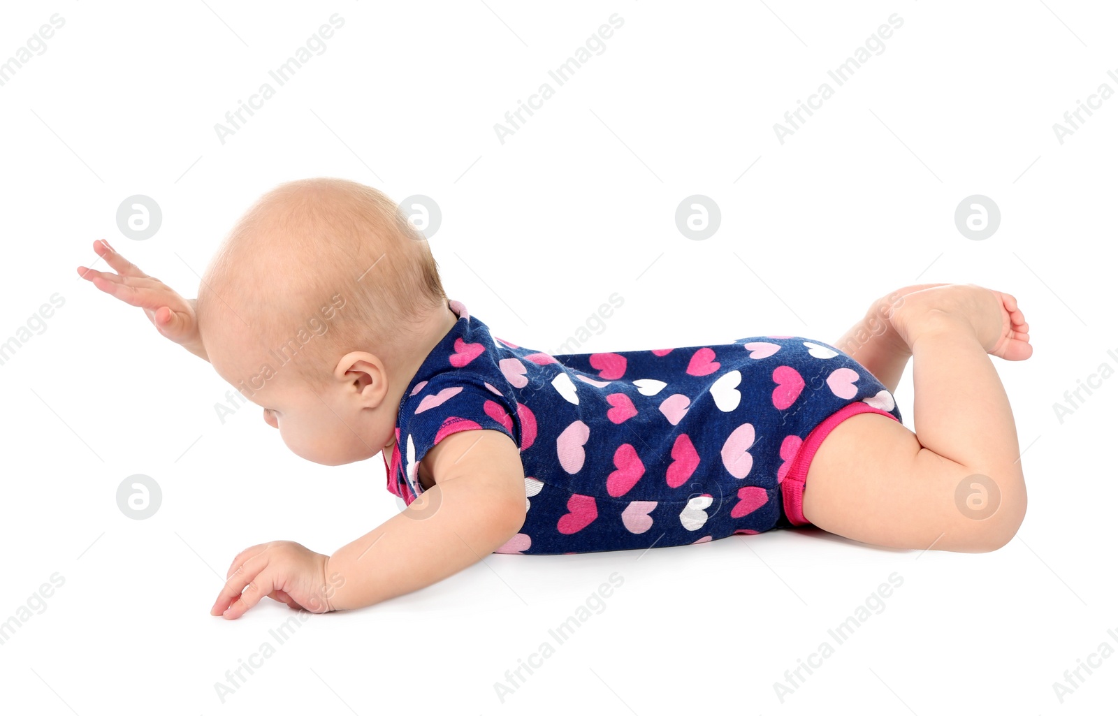 Photo of Cute little baby on white background. Tummy and crawling time