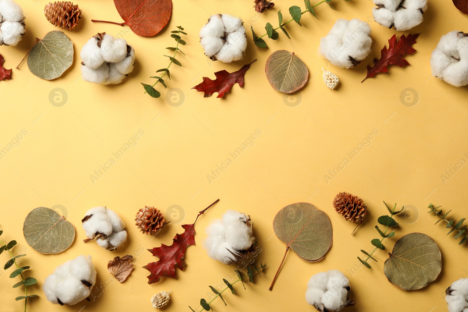 Photo of Flat lay composition with cotton flowers on yellow background. Space for text