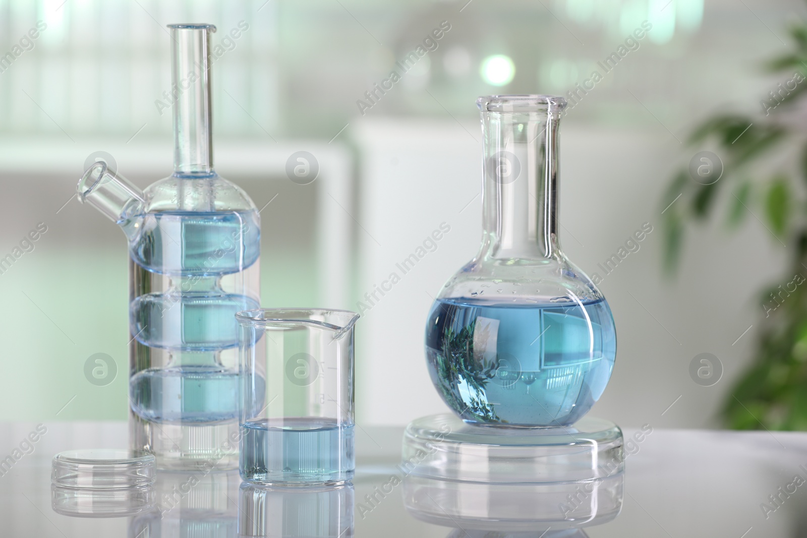 Photo of Laboratory analysis. Different glassware with liquid on white table indoors