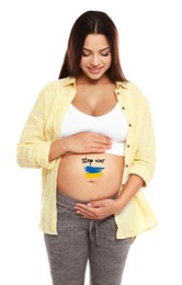 Pregnant woman with Ukrainian flag painted on her belly against white background. Stop war