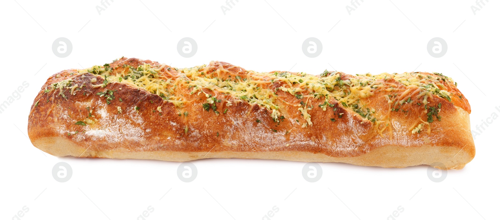 Photo of Tasty homemade garlic bread with cheese and herbs on white background