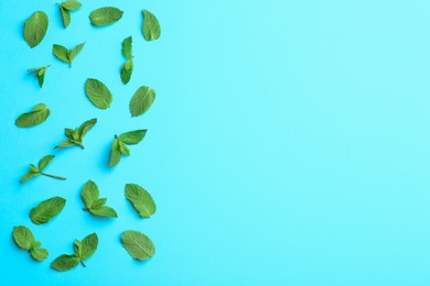 Fresh mint leaves on light blue background, flat lay. Space for text