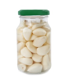 Photo of Jar with pickled garlic on white background