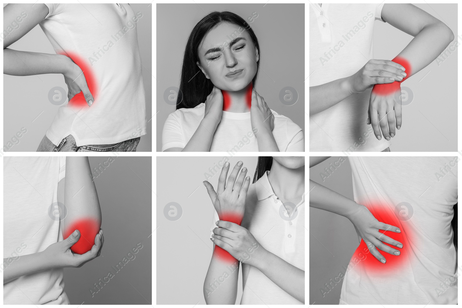 Image of Women suffering from rheumatism, black and white effect with red accent. Collage of photos