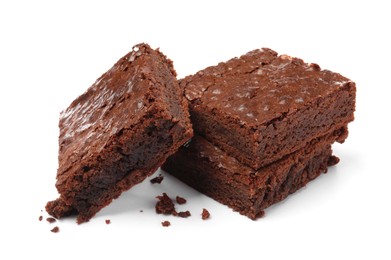 Photo of Delicious chocolate brownies on white background. Tasty dessert