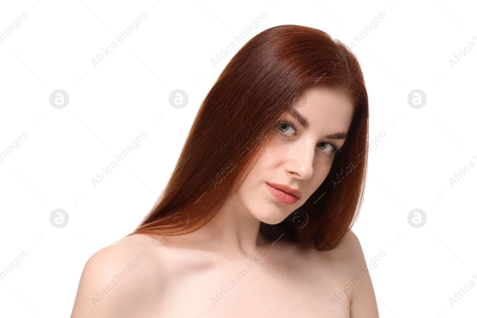 Photo of Portrait of beautiful woman with freckles on white background