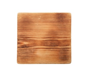 Photo of Wooden board on white background, top view. Kitchen accessory