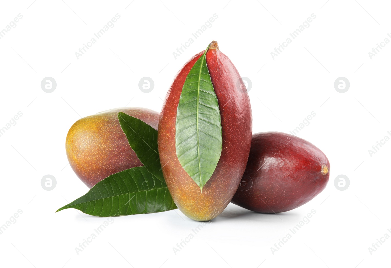 Photo of Delicious ripe mangoes on white background. Tropical fruit