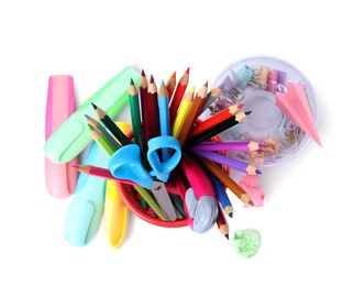 Photo of Many different school stationery on white background, top view