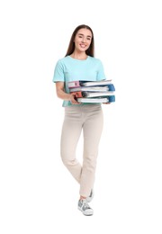 Happy woman with folders on white background