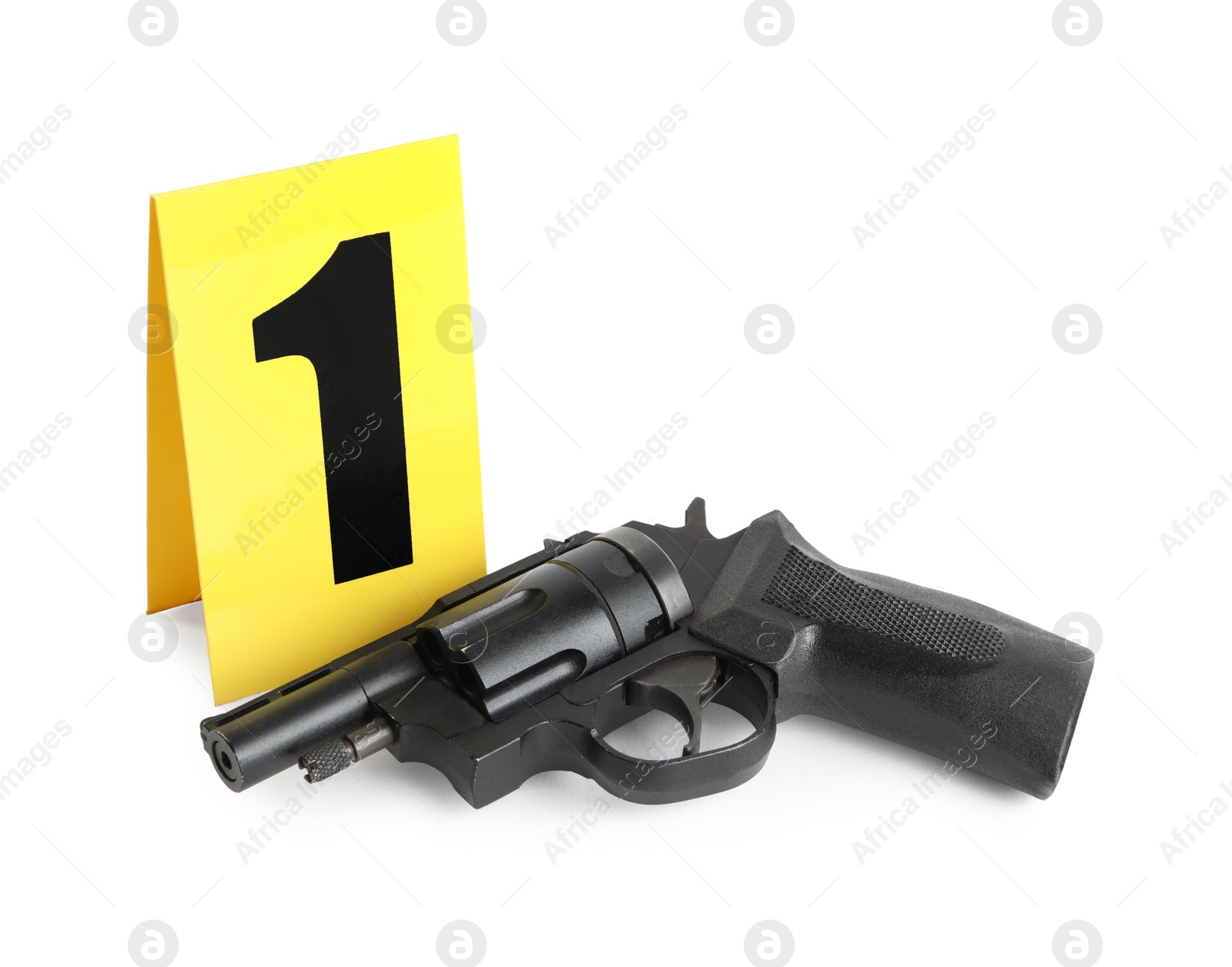 Photo of Gun and crime scene marker with number one isolated on white