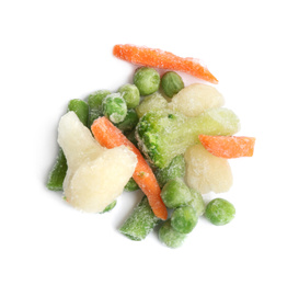 Photo of Pile of frozen vegetables isolated on white, top view