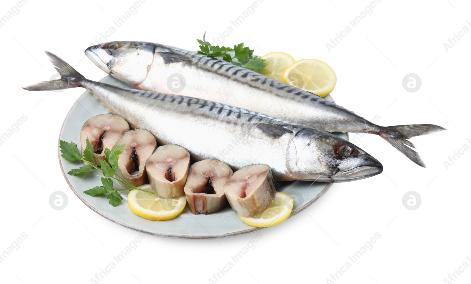 Photo of Mackerel fish with parsley and lemon on white background